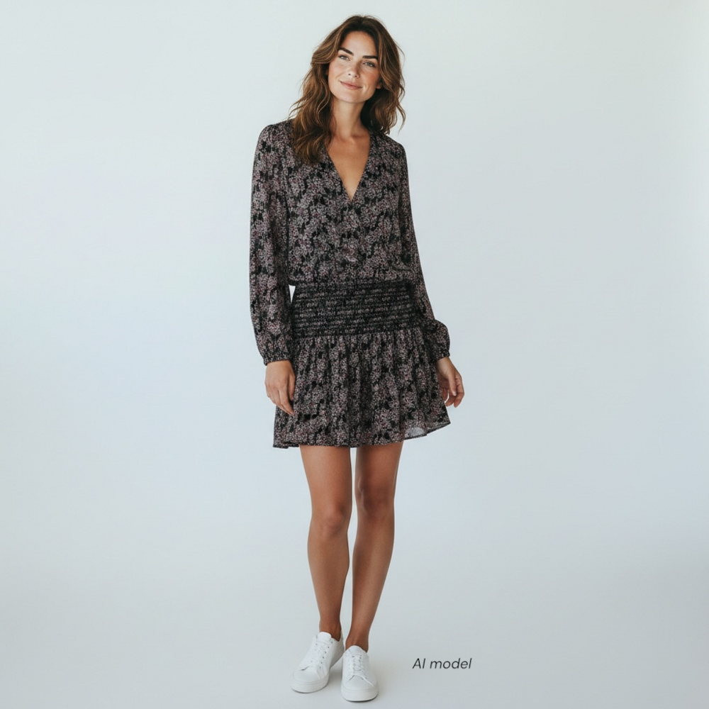Derek Lam 10 Crosby Dress Womens 6 Black Red Floral Long Sleeve Mini Boho Chic
